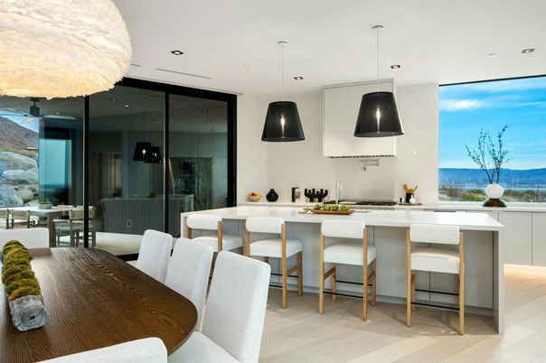 Dining room, Interior, Kitchen, Pendant Lights, Recessed Lighting, Wood Texture Flooring