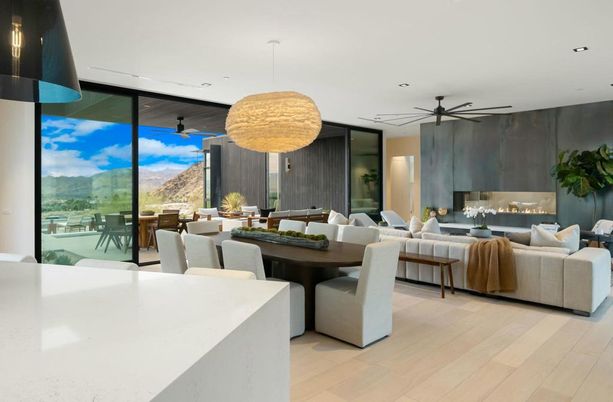 Dining room, Fireplace, Interior, Living room, Pendant Lights, Recessed Lighting, Wood Texture Flooring