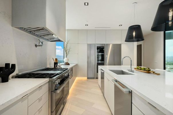 Interior, Kitchen, Pendant Lights, Recessed Lighting, Stainless Steel Appliances, Wood Texture Flooring