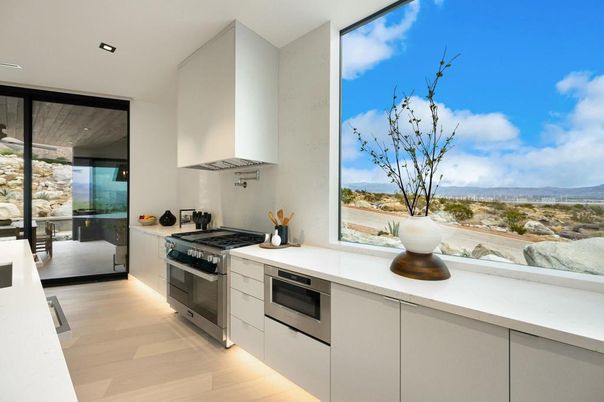 Interior, Kitchen, Recessed Lighting, Stainless Steel Appliances, Water, Wood Texture Flooring
