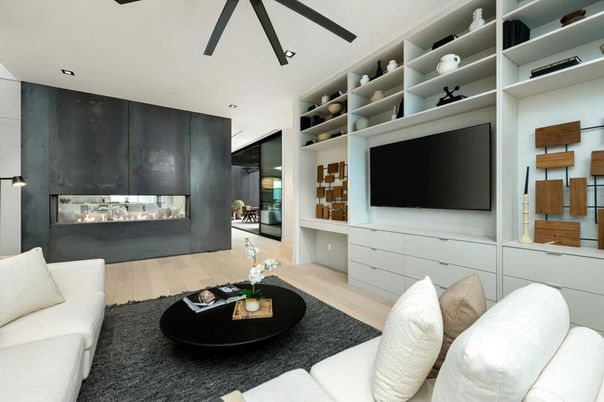 Fireplace, Interior, Living room, Recessed Lighting, Wood Texture Flooring