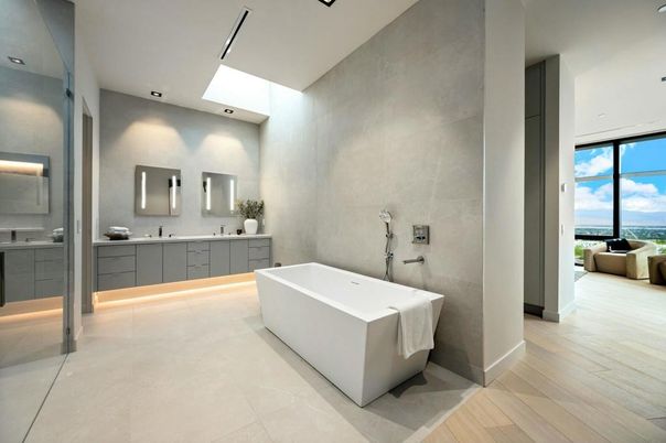 Bathroom, Dual Sink Vanities, Free Standing Baths, Interior, Recessed Lighting, Wood Texture Flooring