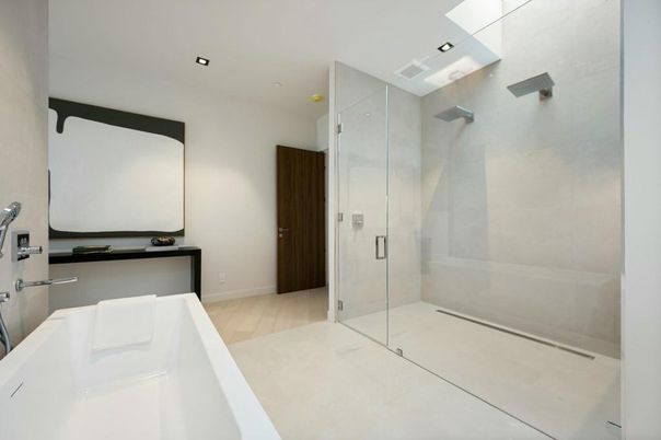 Bathroom, Glass Shower, Interior, Recessed Lighting, Wood Texture Flooring