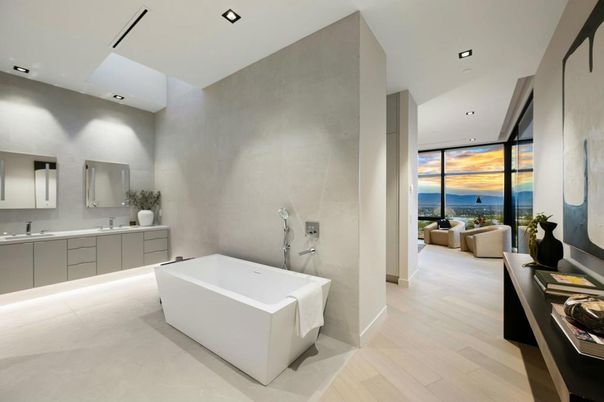 Bathroom, Dual Sink Vanities, Free Standing Baths, Interior, Recessed Lighting, Water, Wood Texture Flooring