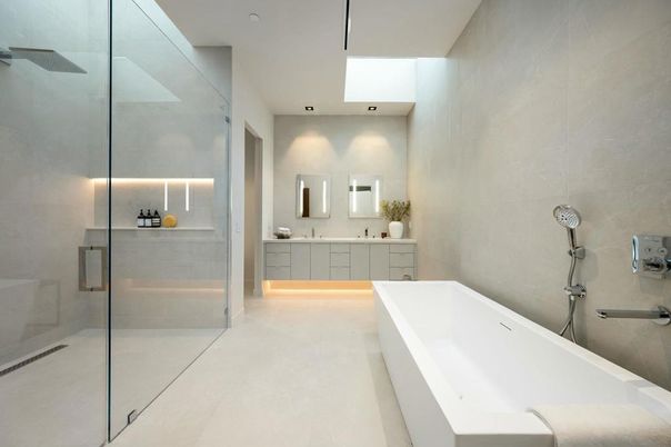 Bathroom, Dual Sink Vanities, Glass Shower, Interior, Recessed Lighting