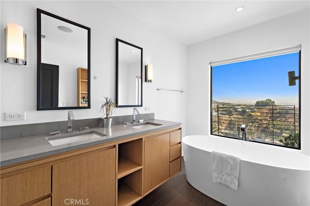 Bathroom, Dual Sink Vanities, Free Standing Baths, Interior, Recessed Lighting, Wood Texture Flooring