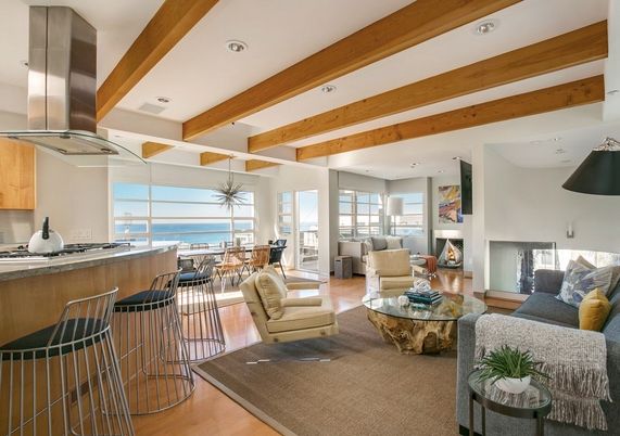 Dining room, Fireplace, Interior, Kitchen, Living room, Pendant Lights, Recessed Lighting, Stainless Steel Appliances, Water, Wooden Beams, Wood Texture Flooring
