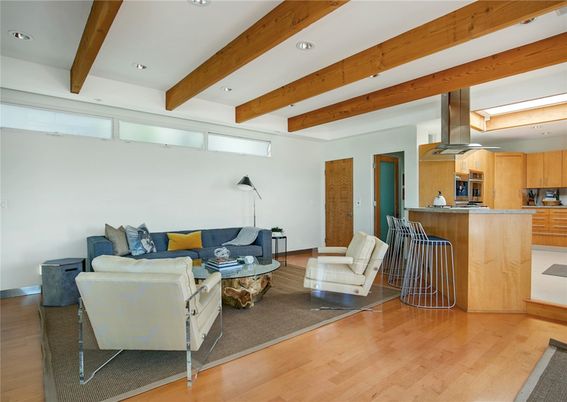 Interior, Kitchen, Living room, Recessed Lighting, Wooden Beams, Wood Texture Flooring