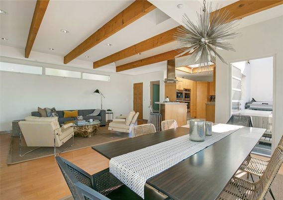 Dining room, Interior, Kitchen, Living room, Pendant Lights, Recessed Lighting, Wooden Beams, Wood Texture Flooring