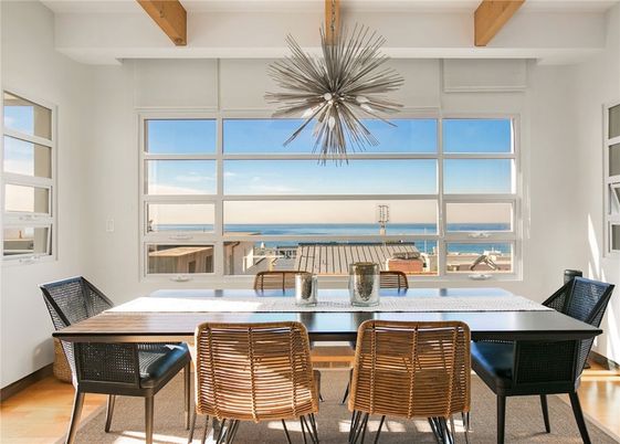 Dining room, Interior, Pendant Lights, Water, Wooden Beams, Wood Texture Flooring