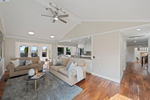 Interior, Kitchen, Living room, Recessed Lighting, Stainless Steel Appliances, Wood Texture Flooring