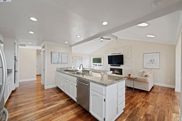 Fireplace, Interior, Kitchen, Living room, Recessed Lighting, Wood Texture Flooring