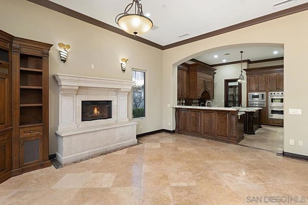 Fireplace, Interior, Kitchen, Pendant Lights, Recessed Lighting, Stainless Steel Appliances