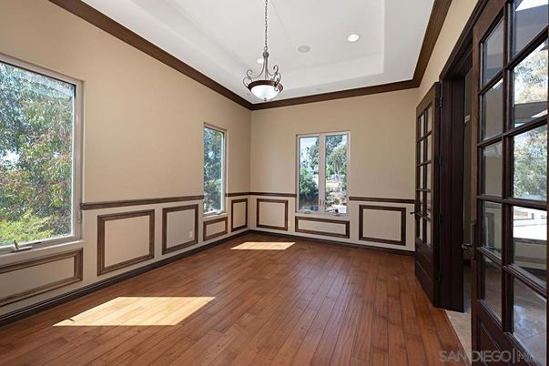 Empty room, Interior, Pendant Lights, Recessed Lighting, Wood Texture Flooring