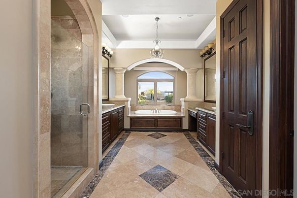 Bathroom, Chandelier, Dual Sink Vanities, Glass Shower, Interior, Recessed Lighting