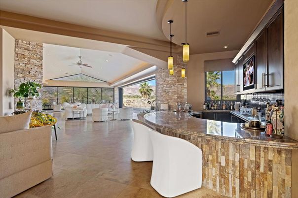 Interior, Living room, Pendant Lights, Recessed Lighting, Stone Walls