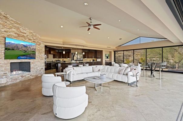 Dining room, Fireplace, Interior, Kitchen, Living room, Pendant Lights, Recessed Lighting, Stone Walls