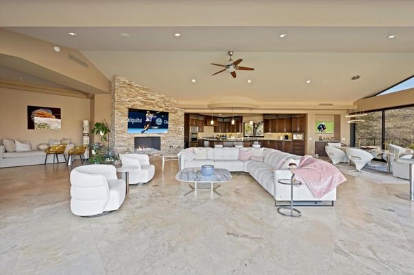 Dining room, Fireplace, Interior, Kitchen, Living room, Pendant Lights, Recessed Lighting, Stone Walls