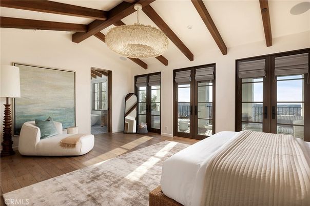 Bedroom, Chandelier, Interior, Water, Wooden Beams, Wood Texture Flooring
