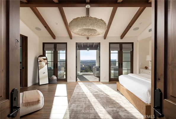 Bedroom, Chandelier, Interior, Wooden Beams, Wood Texture Flooring