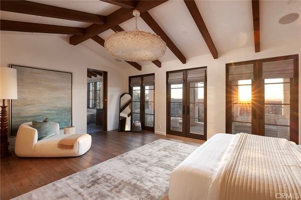 Bedroom, Interior, Pendant Lights, Wooden Beams, Wood Texture Flooring