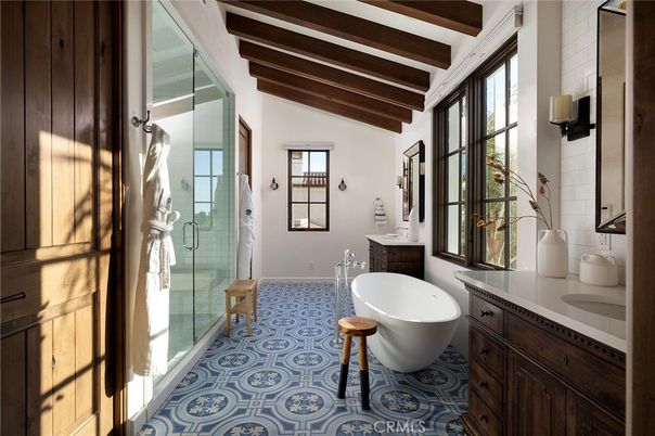 Bathroom, Free Standing Baths, Glass Shower, Interior, Wooden Beams