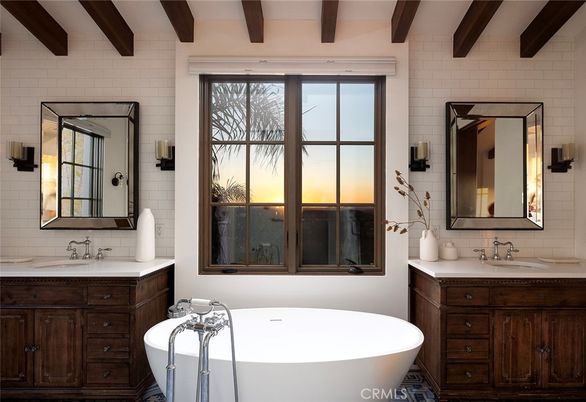 Bathroom, Dual Sink Vanities, Free Standing Baths, Interior, Stone Walls, Wooden Beams