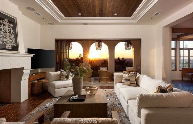 Fireplace, Interior, Living room, Recessed Lighting, Wooden Ceilings