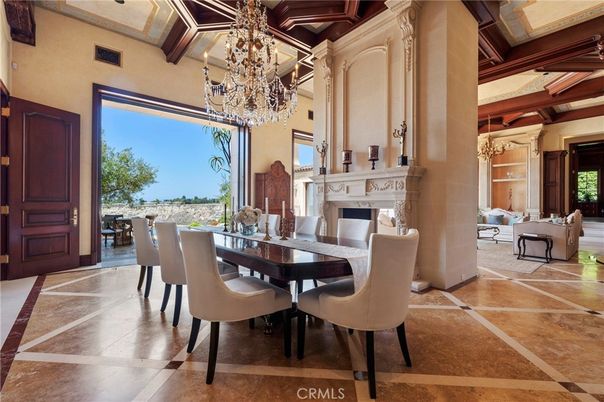 Chandelier, Dining room, Fireplace, Interior, Living room, Wooden Beams