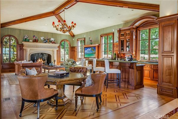 Chandelier, Fireplace, Interior, Living room, Recessed Lighting, Wood Texture Flooring