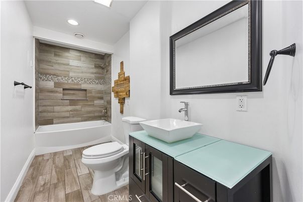 Bathroom, Interior, Recessed Lighting, Wood Texture Flooring, Wooden Walls