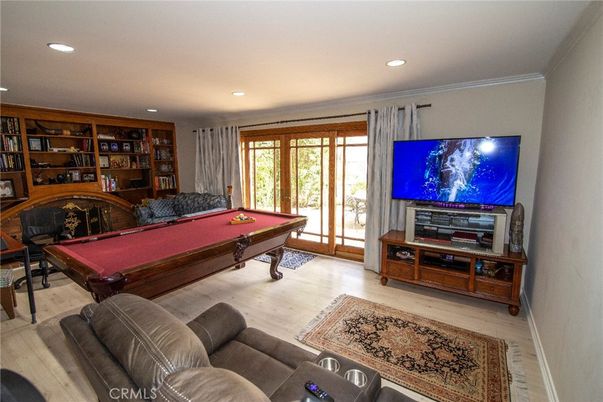 Billiard Table, Fireplace, Game Room, Interior, Recessed Lighting, Wood Texture Flooring