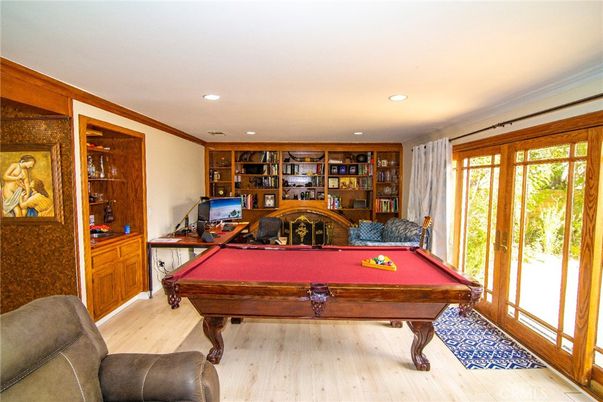 Billiard Table, Fireplace, Game Room, Interior, Recessed Lighting, Wood Texture Flooring