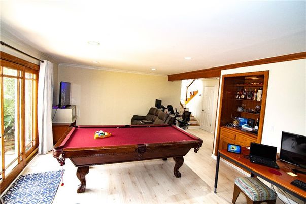 Billiard Table, Fitness Equipment, Game Room, Interior, Recessed Lighting, Wood Texture Flooring