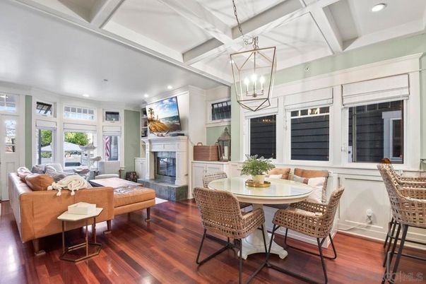 Dining room, Fireplace, Interior, Living room, Pendant Lights, Recessed Lighting, Wood Texture Flooring