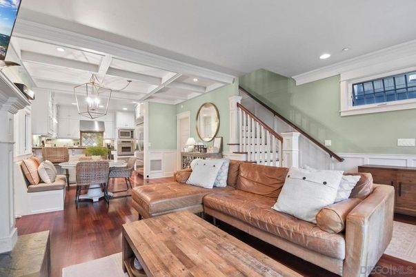 Chandelier, Interior, Kitchen, Living room, Pendant Lights, Recessed Lighting, Stainless Steel Appliances, Wood Texture Flooring