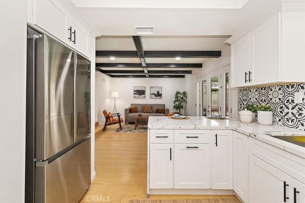 Interior, Kitchen, Living room, Recessed Lighting, Stainless Steel Appliances, Wooden Beams, Wood Texture Flooring