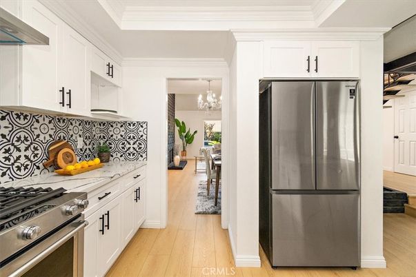 Chandelier, Interior, Kitchen, Stainless Steel Appliances, Wood Texture Flooring