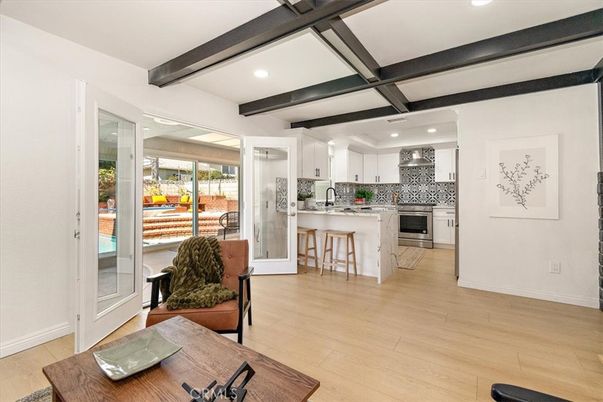Interior, Kitchen, Recessed Lighting, Stainless Steel Appliances, Wooden Beams, Wood Texture Flooring