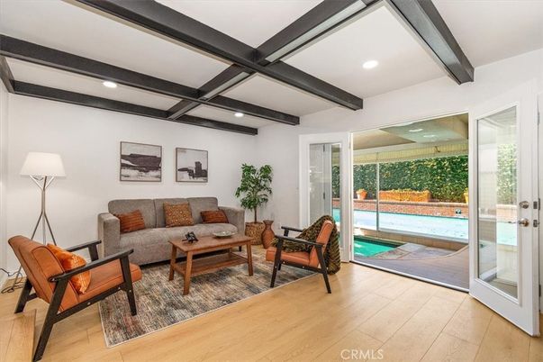 Interior, Living room, Recessed Lighting, Wooden Beams, Wood Texture Flooring