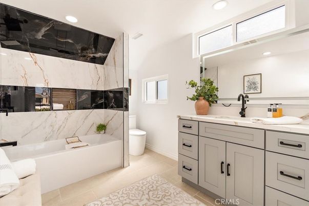 Bathroom, Dual Sink Vanities, Interior, Marble Walls, Recessed Lighting