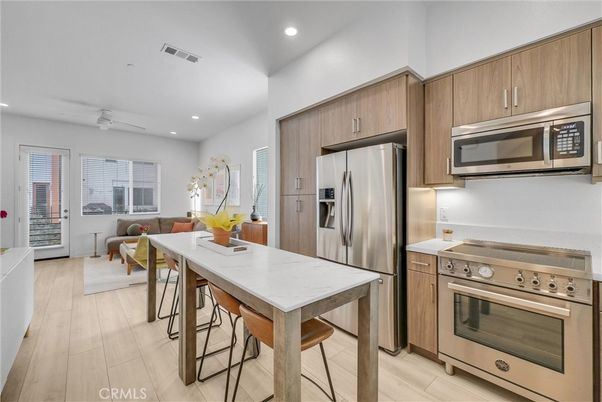 Interior, Kitchen, Living room, Recessed Lighting, Stainless Steel Appliances, Wood Texture Flooring