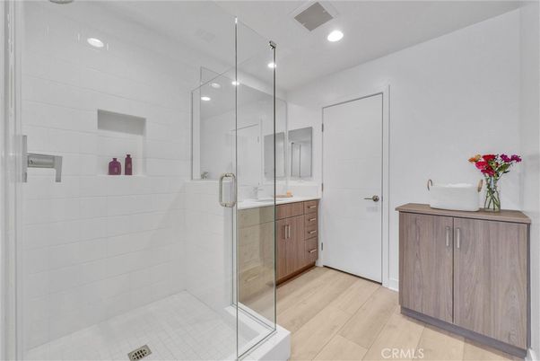 Bathroom, Glass Shower, Interior, Recessed Lighting, Wood Texture Flooring