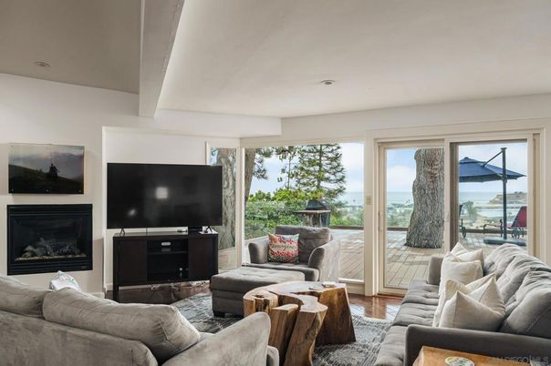 Fireplace, Interior, Living room, Recessed Lighting, Water, Wood Texture Flooring