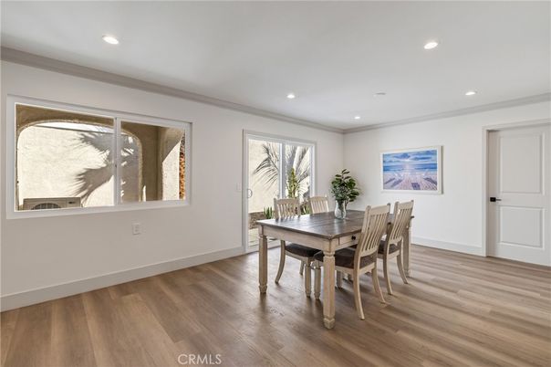 Dining room, Interior, Recessed Lighting, Wood Texture Flooring