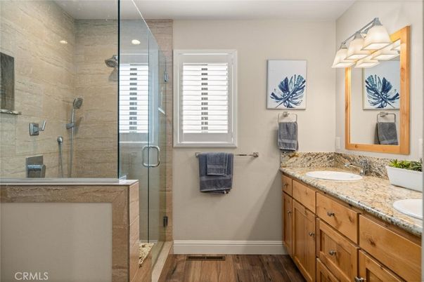 Bathroom, Dual Sink Vanities, Glass Shower, Interior, Wood Texture Flooring