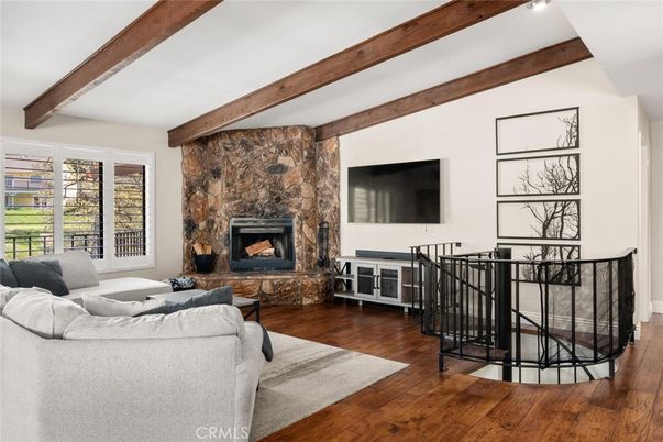 Fireplace, Interior, Living room, Stone Walls, Wooden Beams, Wood Texture Flooring