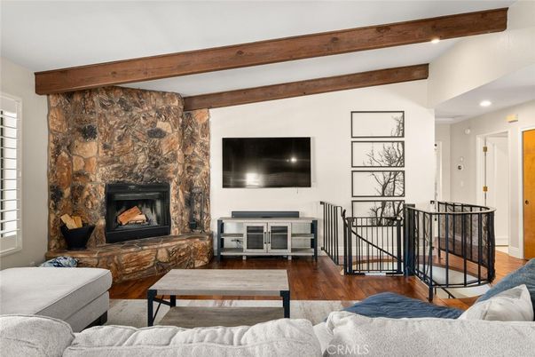 Fireplace, Interior, Living room, Recessed Lighting, Wooden Beams, Wood Texture Flooring