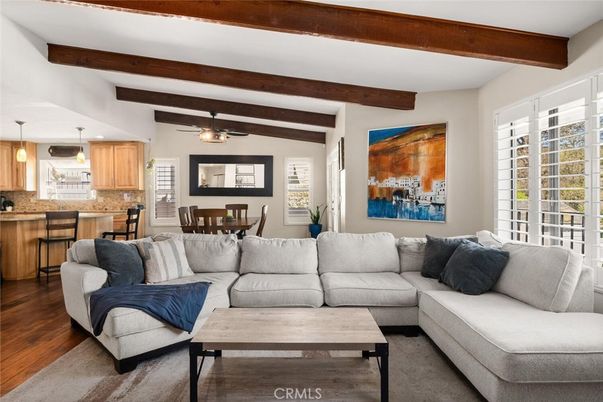 Dining room, Interior, Kitchen, Living room, Pendant Lights, Wooden Beams, Wood Texture Flooring