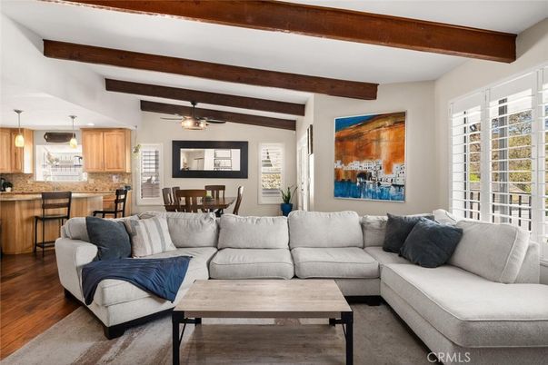 Dining room, Interior, Kitchen, Living room, Pendant Lights, Wooden Beams, Wood Texture Flooring